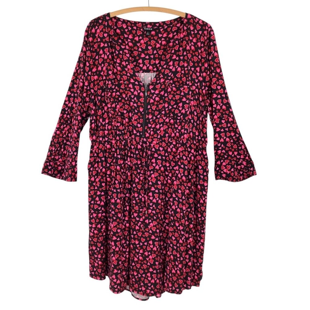 TORRID Dress Women's Plus 2X Black Pink Red Heart Print Zip Rayon - Picture 1 of 8